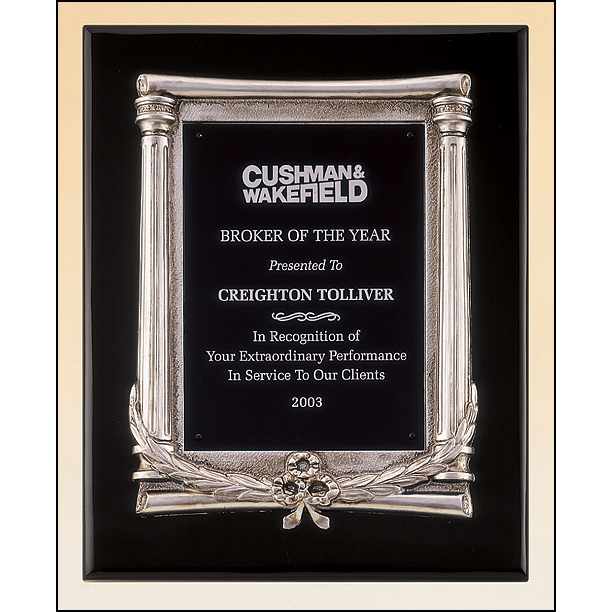 Black stained piano finish plaque with an antique silver finished frame casting and black aluminum engraving plate.