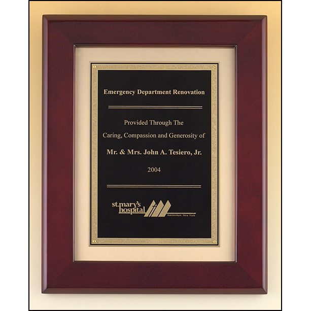 Rosewood stained piano finish frame with black brass engraving plate on brush gold metal background.