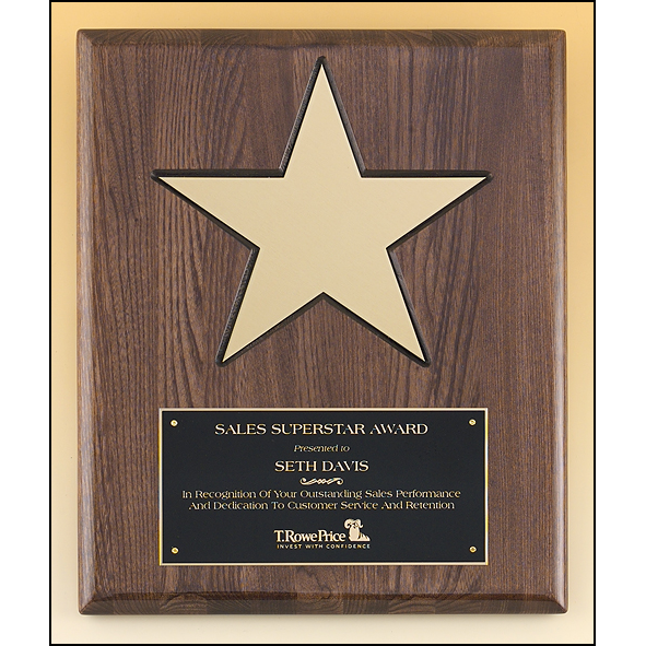 Gold aluminum star (8") on walnut stained  piano-finish board with black recessed area.