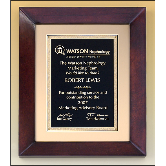 Cherry finish frame plaque with black and gold florentine plate on brushed metal gold background.