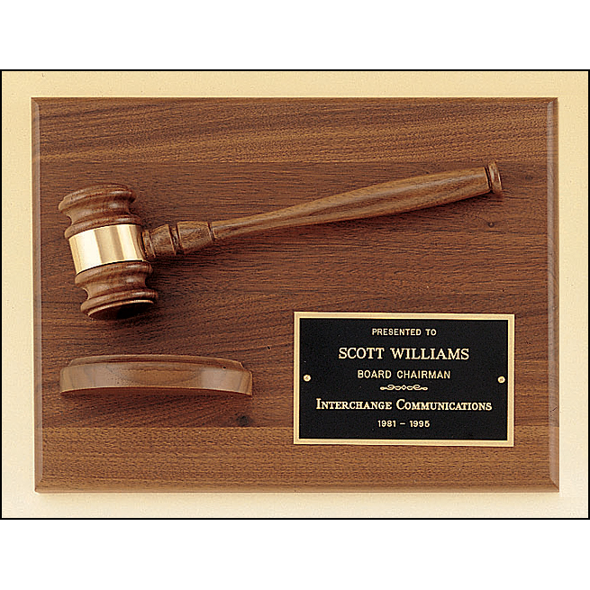 American walnut plaque with walnut gavel.