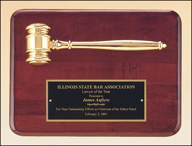 Rosewood stained piano finish plaque with a gold electroplated metal gavel.