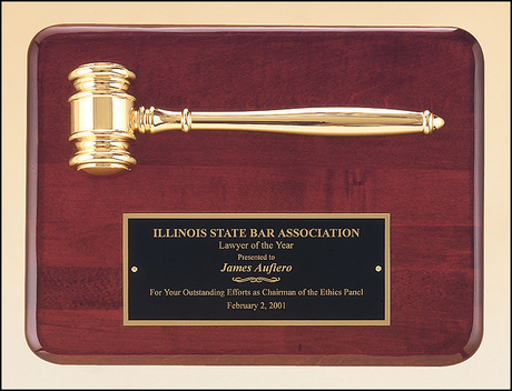 Rosewood stained piano finish plaque with a gold electroplated metal gavel.